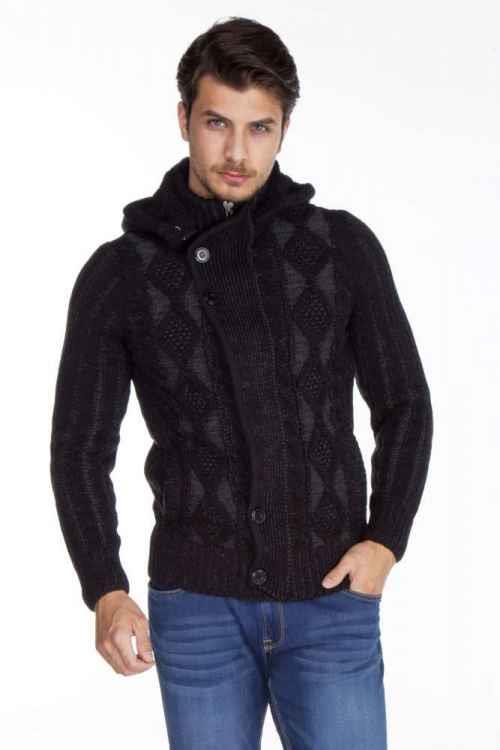 CP161 Dik Yaka Düğmeli Kapşonlu Desenli Erkek Hırka