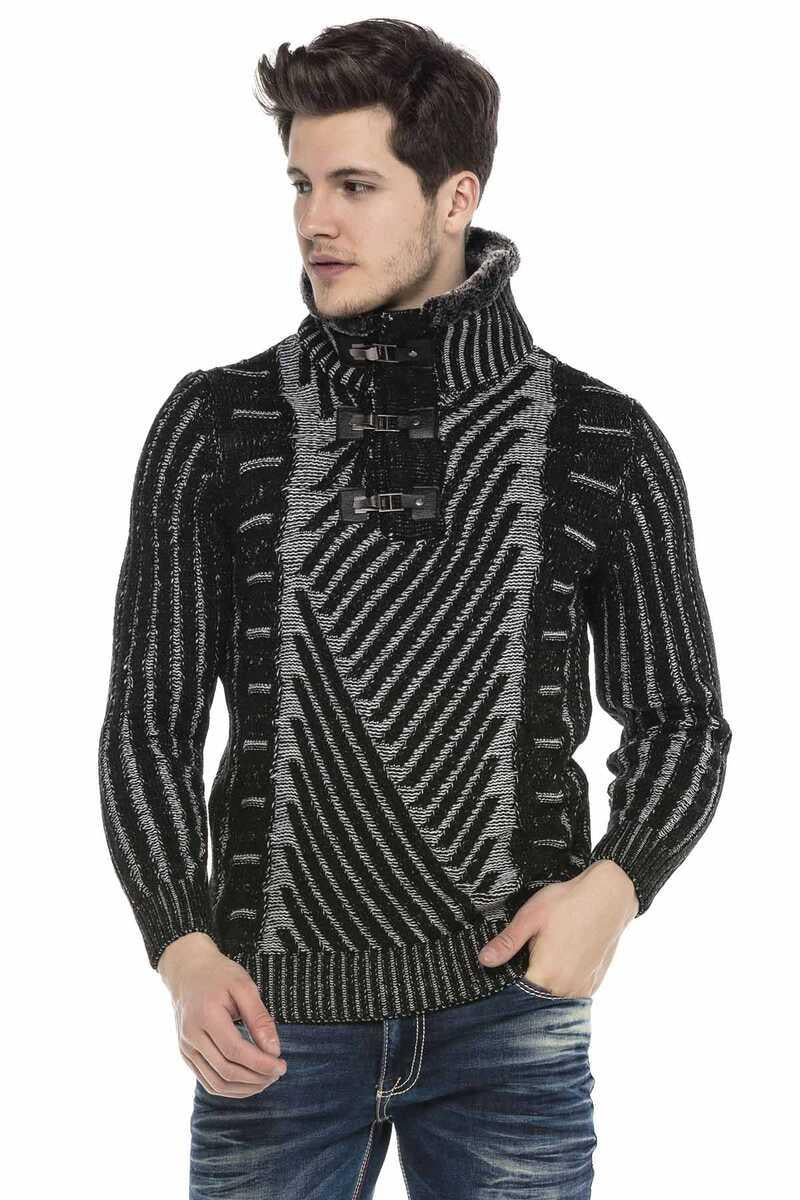 CP212 Yakası Kürklü Dokulu Kalın Desenli Kazak