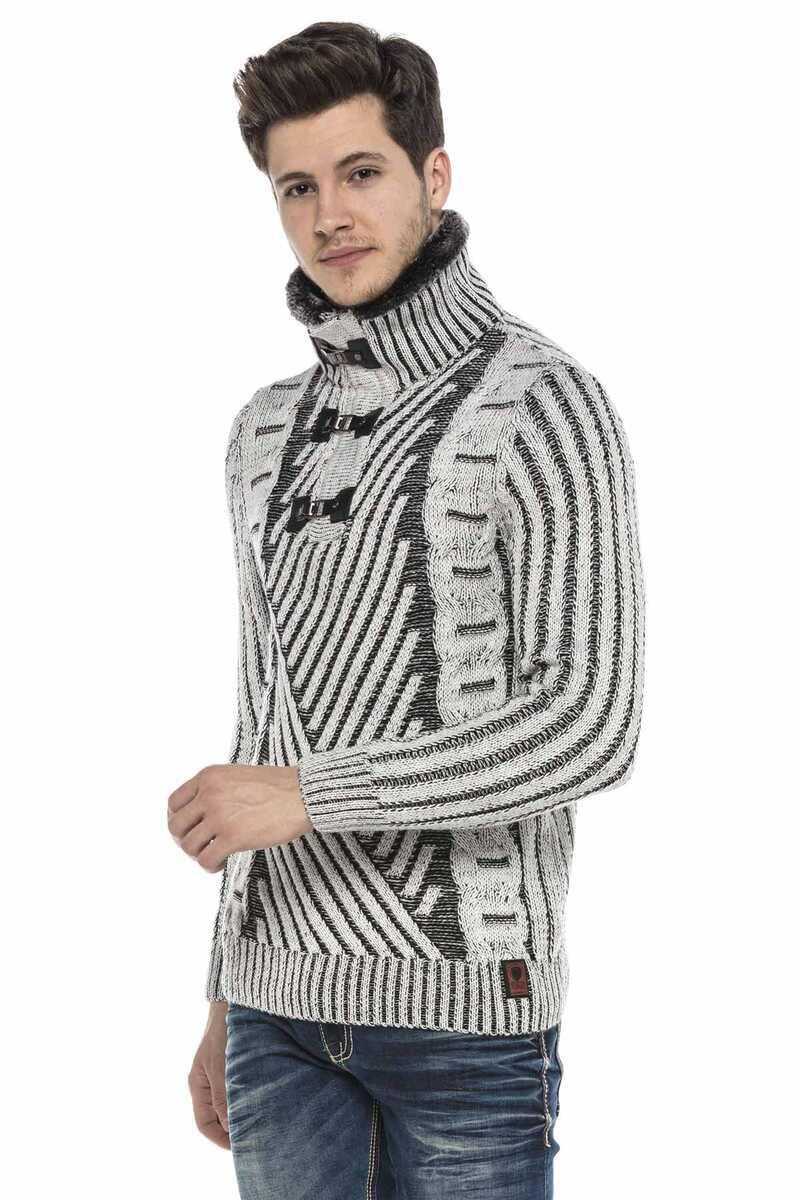 CP212 Yakası Kürklü Dokulu Kalın Desenli Kazak