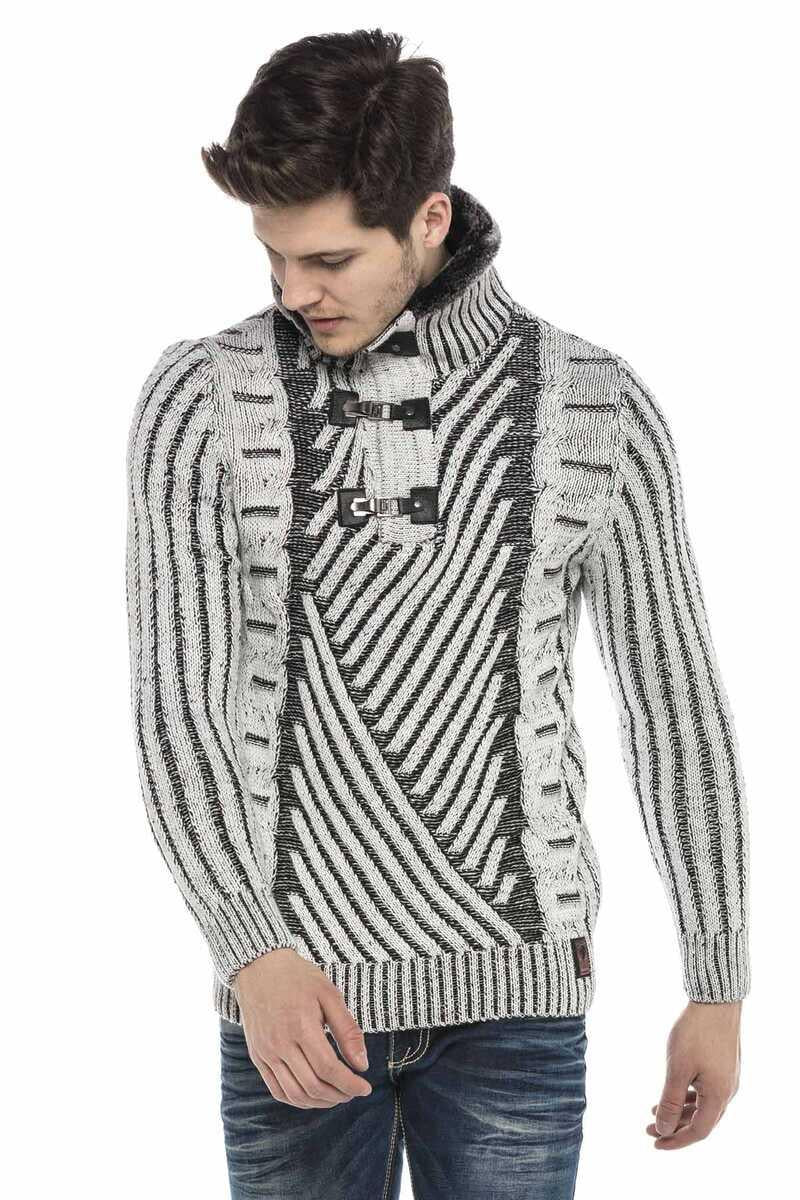 CP212 Yakası Kürklü Dokulu Kalın Desenli Kazak