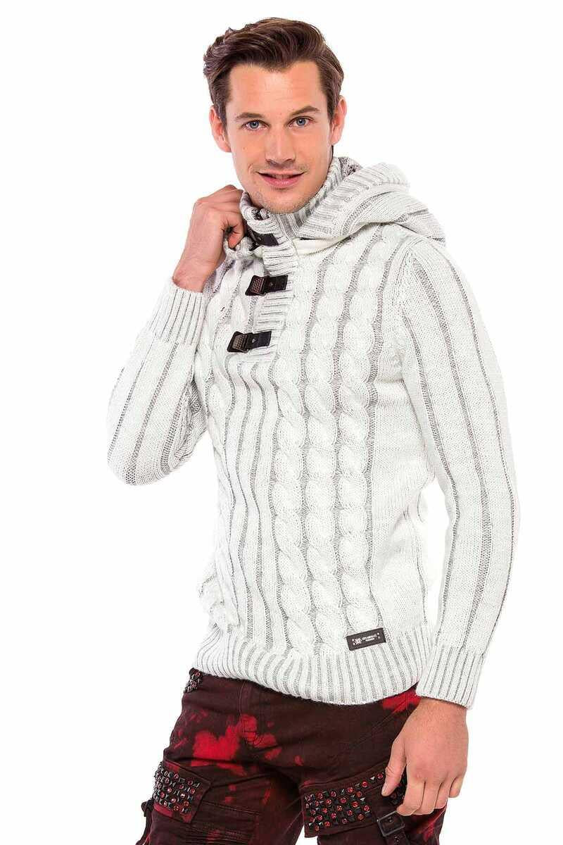 CP214 Peluş Kapşonlu Yakalı Örme Desen Kalın Kazak