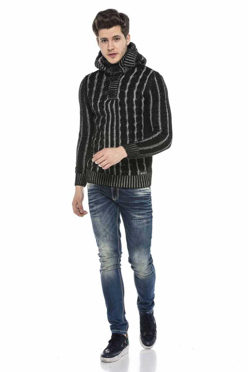 CP214 Peluş Kapşonlu Yakalı Örme Desen Kalın Kazak