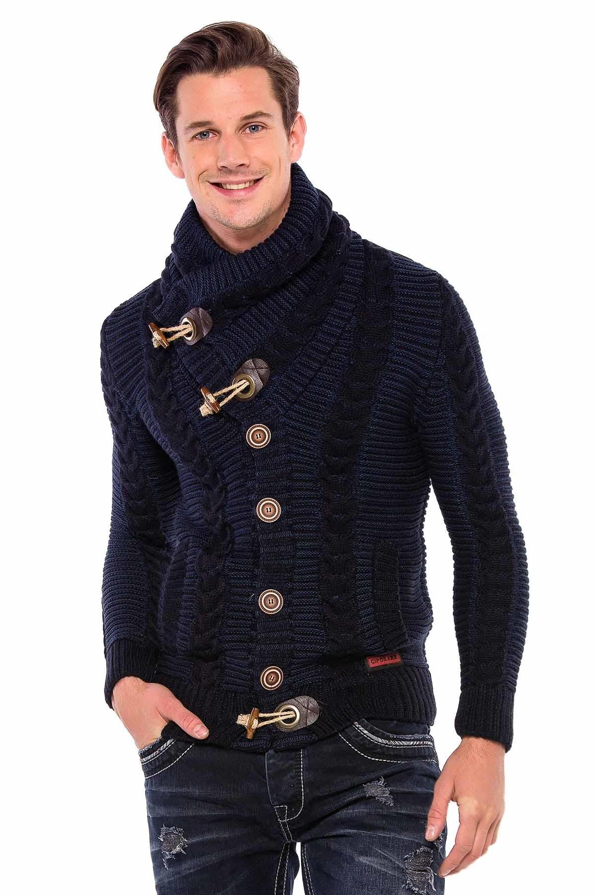 CP215 Kilit Düğme Kalın Dik Yaka Örgü Yün Erkek Hırka