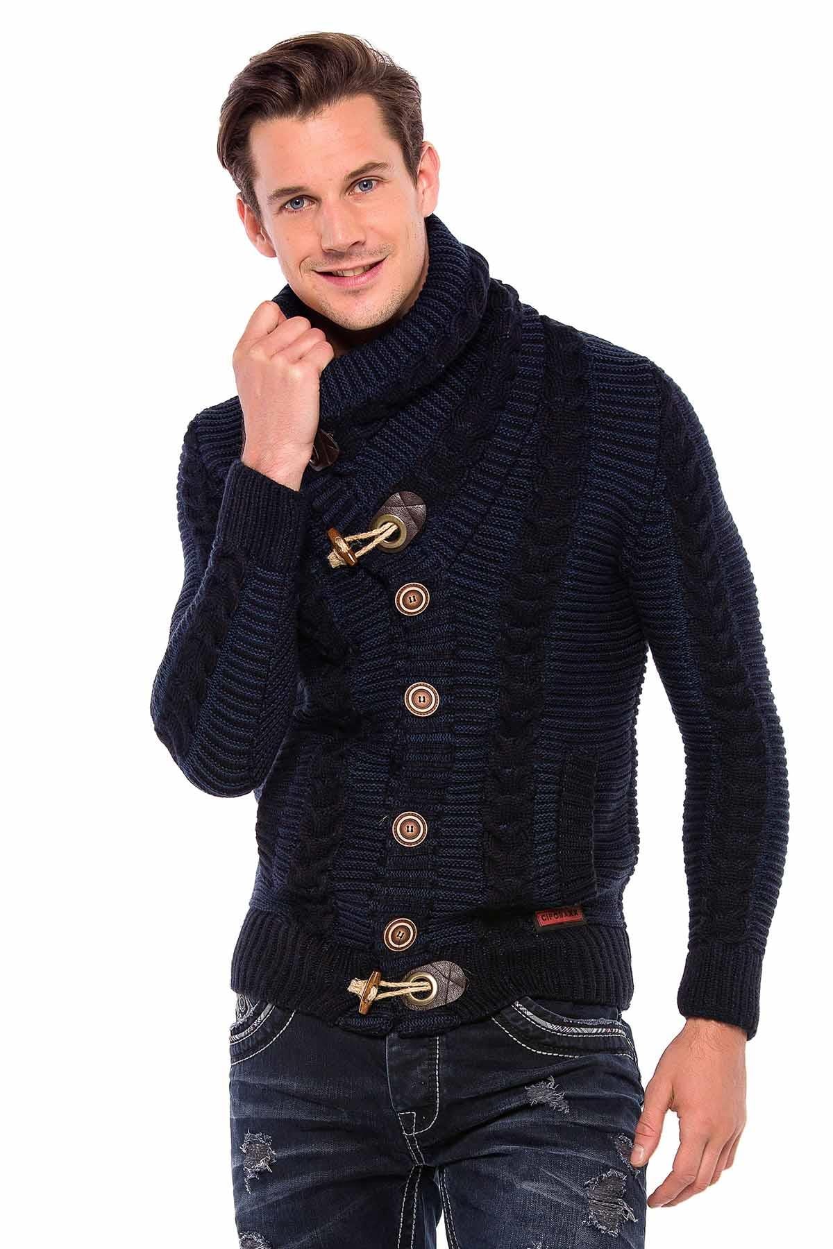 CP215 Kilit Düğme Kalın Dik Yaka Örgü Yün Erkek Hırka