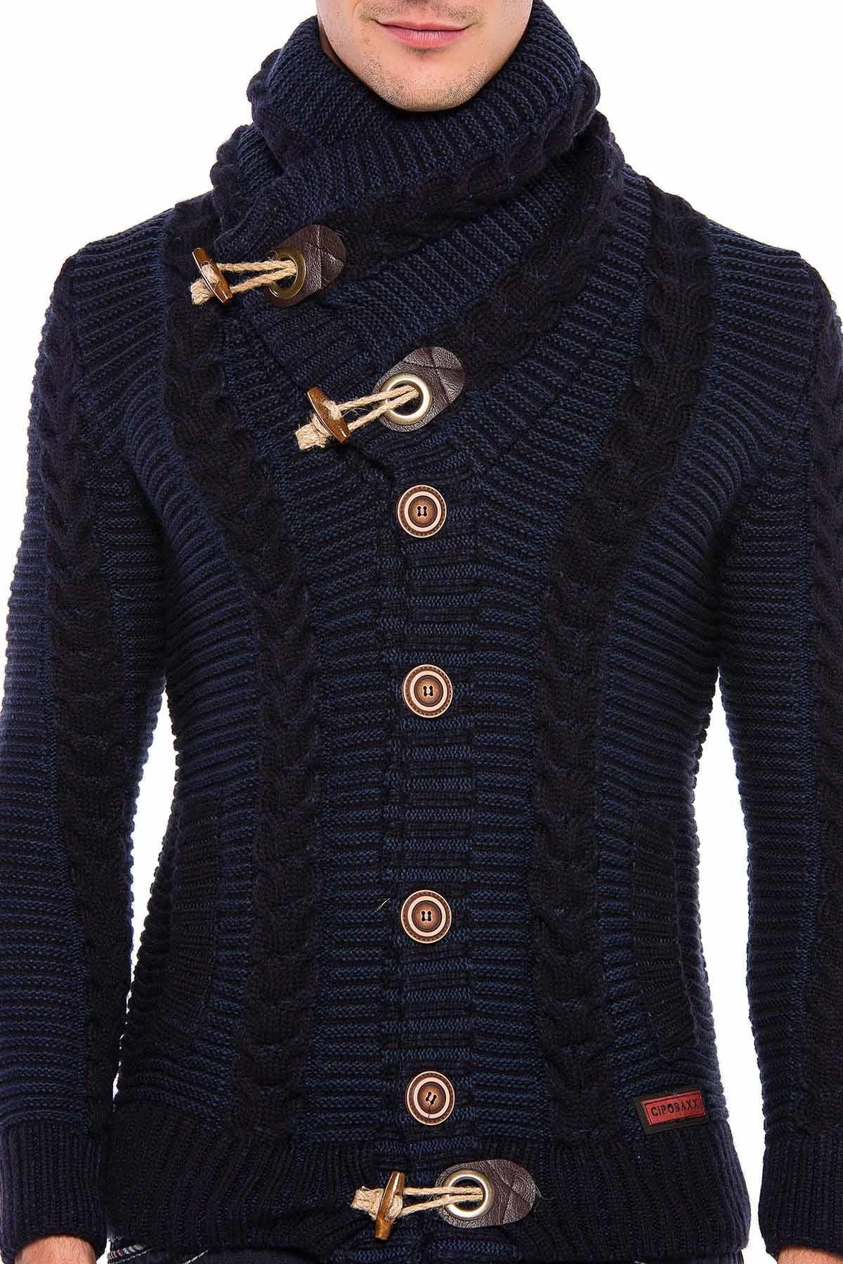 CP215 Kilit Düğme Kalın Dik Yaka Örgü Yün Erkek Hırka
