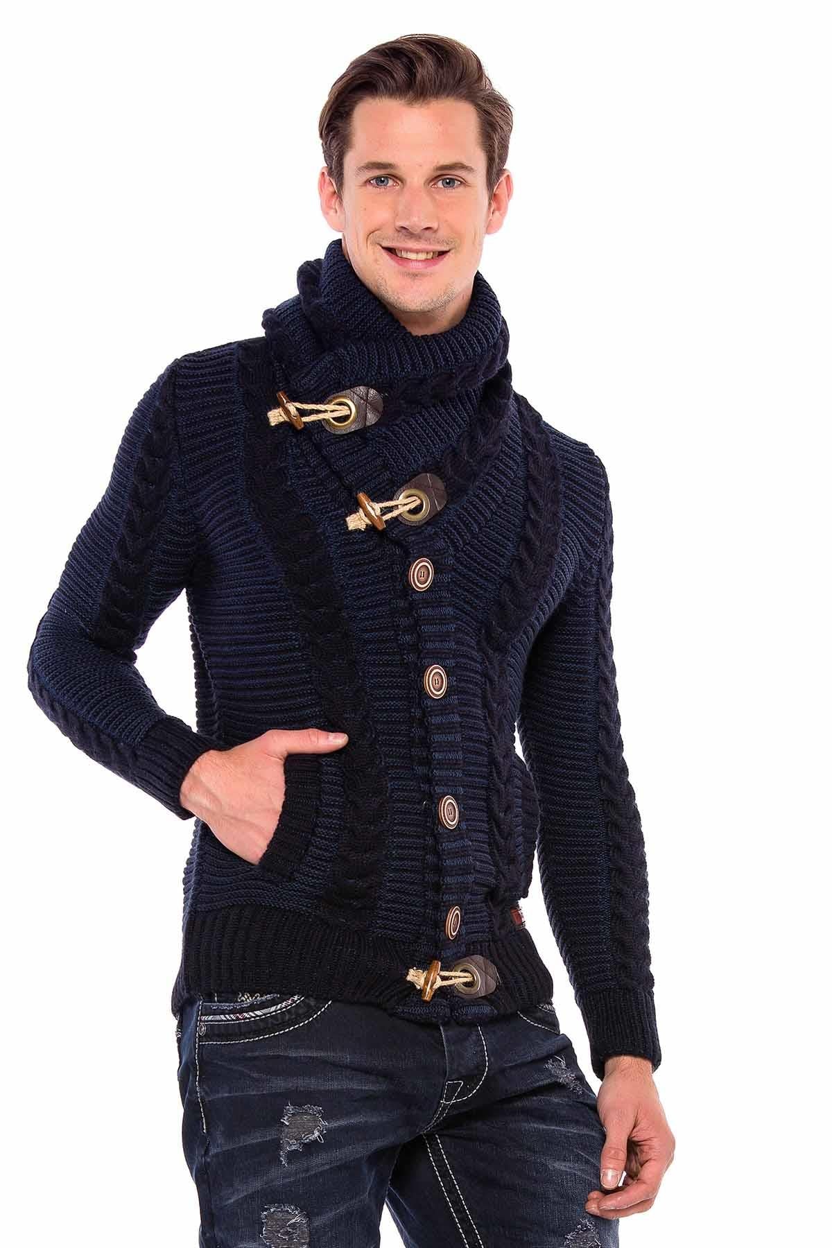 CP215 Kilit Düğme Kalın Dik Yaka Örgü Yün Erkek Hırka