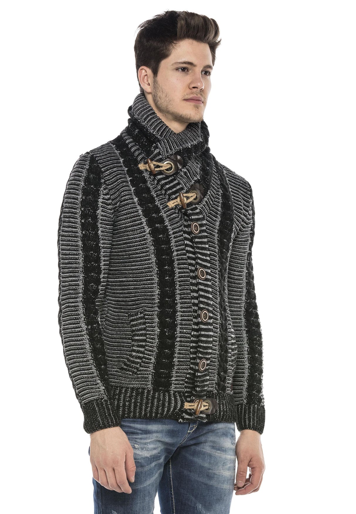 CP215 Kilit Düğme Kalın Dik Yaka Örgü Yün Erkek Hırka