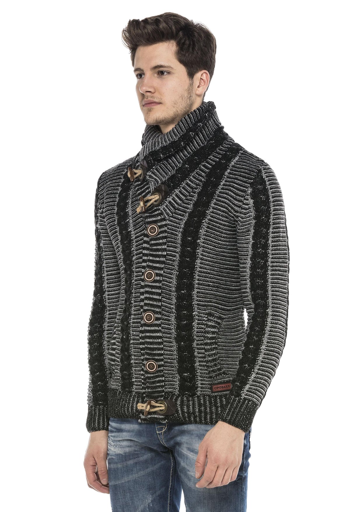 CP215 Kilit Düğme Kalın Dik Yaka Örgü Yün Erkek Hırka