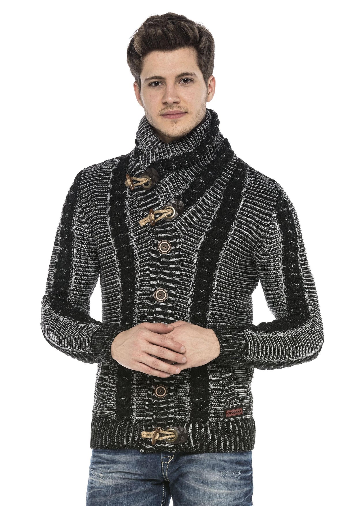 CP215 Kilit Düğme Kalın Dik Yaka Örgü Yün Erkek Hırka