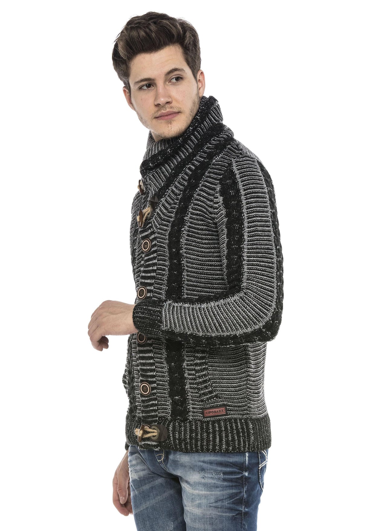 CP215 Kilit Düğme Kalın Dik Yaka Örgü Yün Erkek Hırka