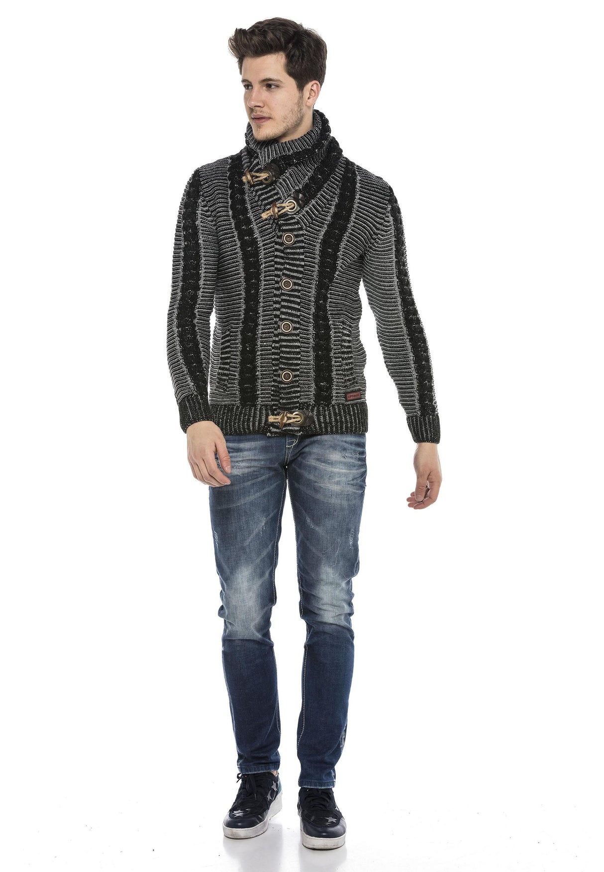 CP215 Kilit Düğme Kalın Dik Yaka Örgü Yün Erkek Hırka