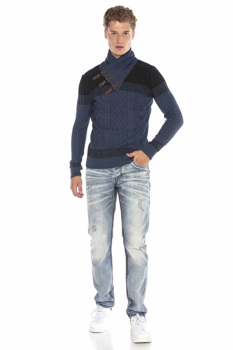 CP226 Detaylı Şal Yaka Desenli Slim Fit Erkek Kazak