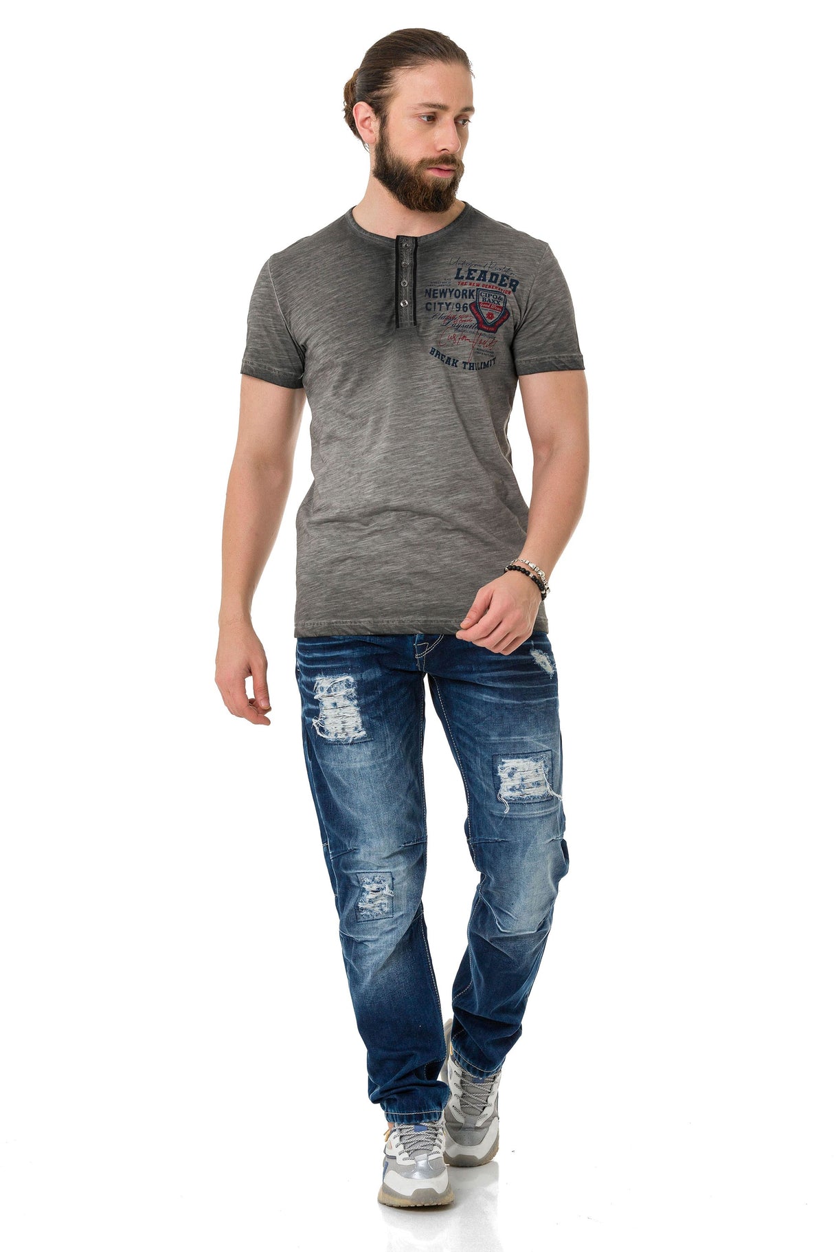 CT761 Washed Buttoned Basic Tee with Rugged Charm