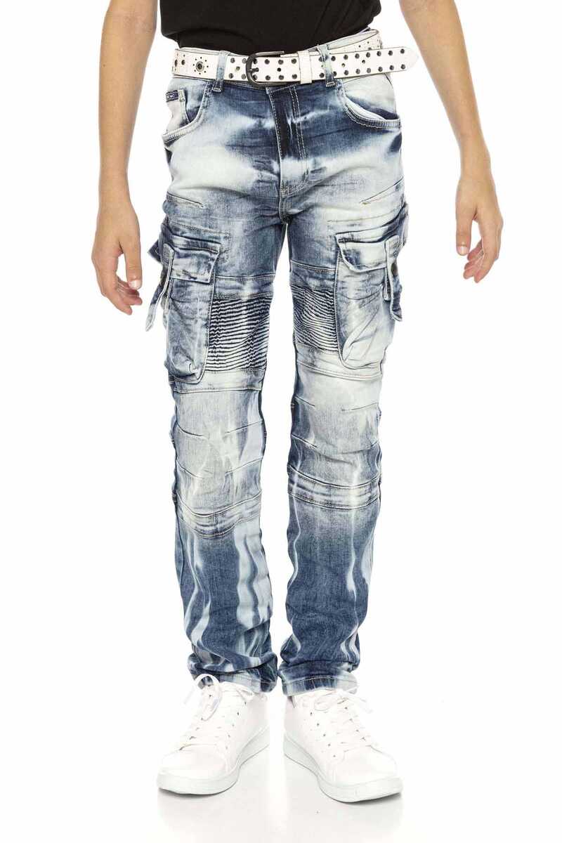 CDK103 Motorcu Stil Kargo Cep Erkek Çocuk Kot Pantolon