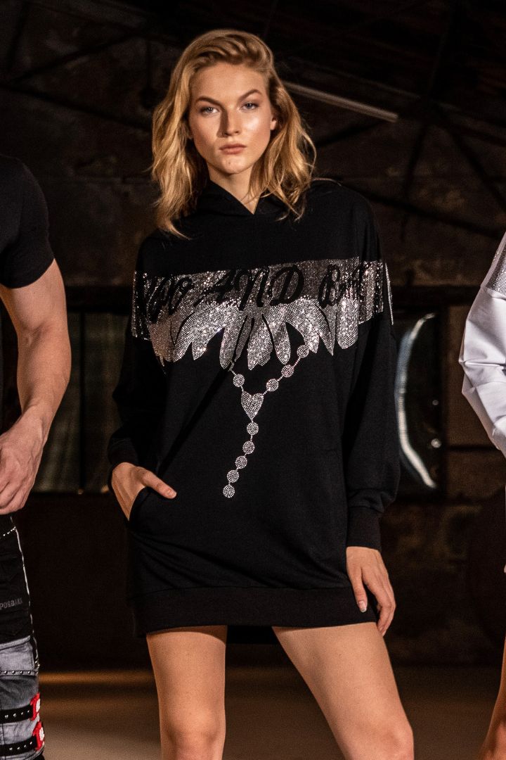 WY159 Taşlı Kanat Desenli Mini Elbise