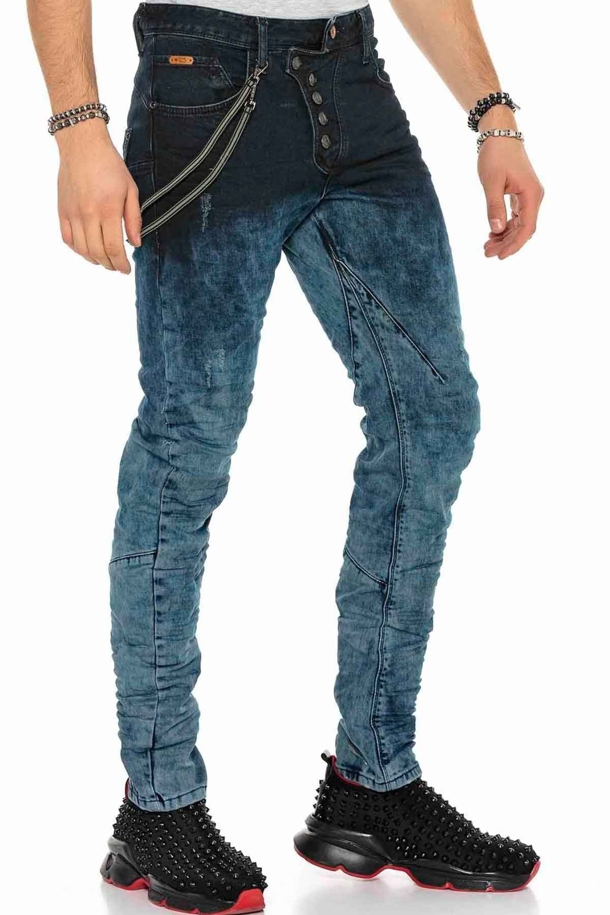CD155 Yıkanmış Zincirli ve Düğmeli Erkek Jean Pantolon