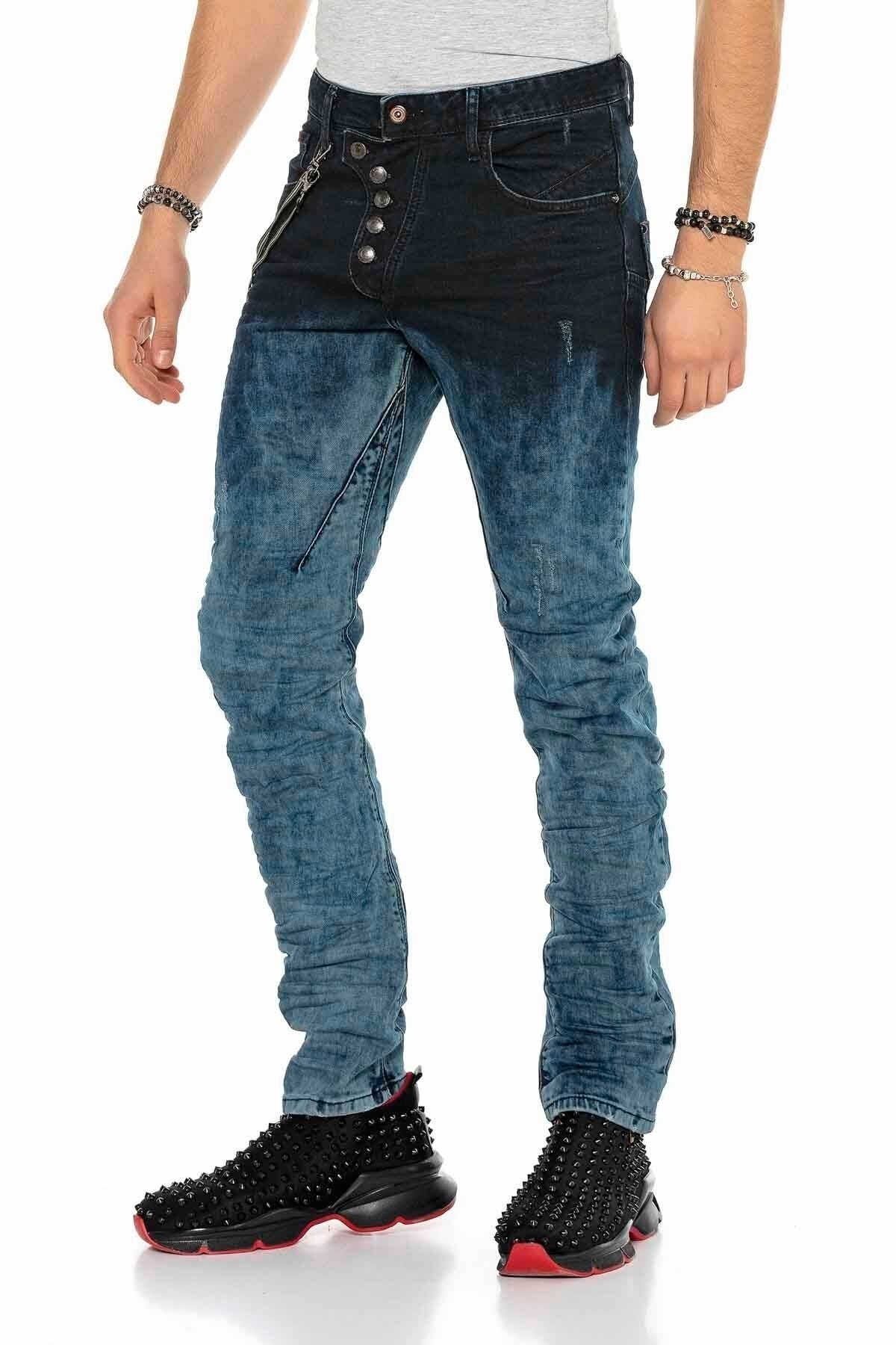 CD155 Yıkanmış Zincirli ve Düğmeli Erkek Jean Pantolon
