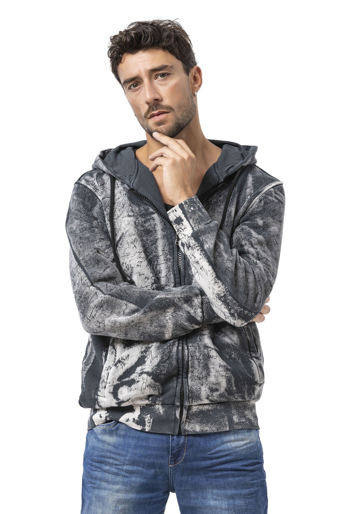 CL594 Siyah-Mavi Tie-Dye Desenli Kapüşonlu Sweatshirt Retro Havası