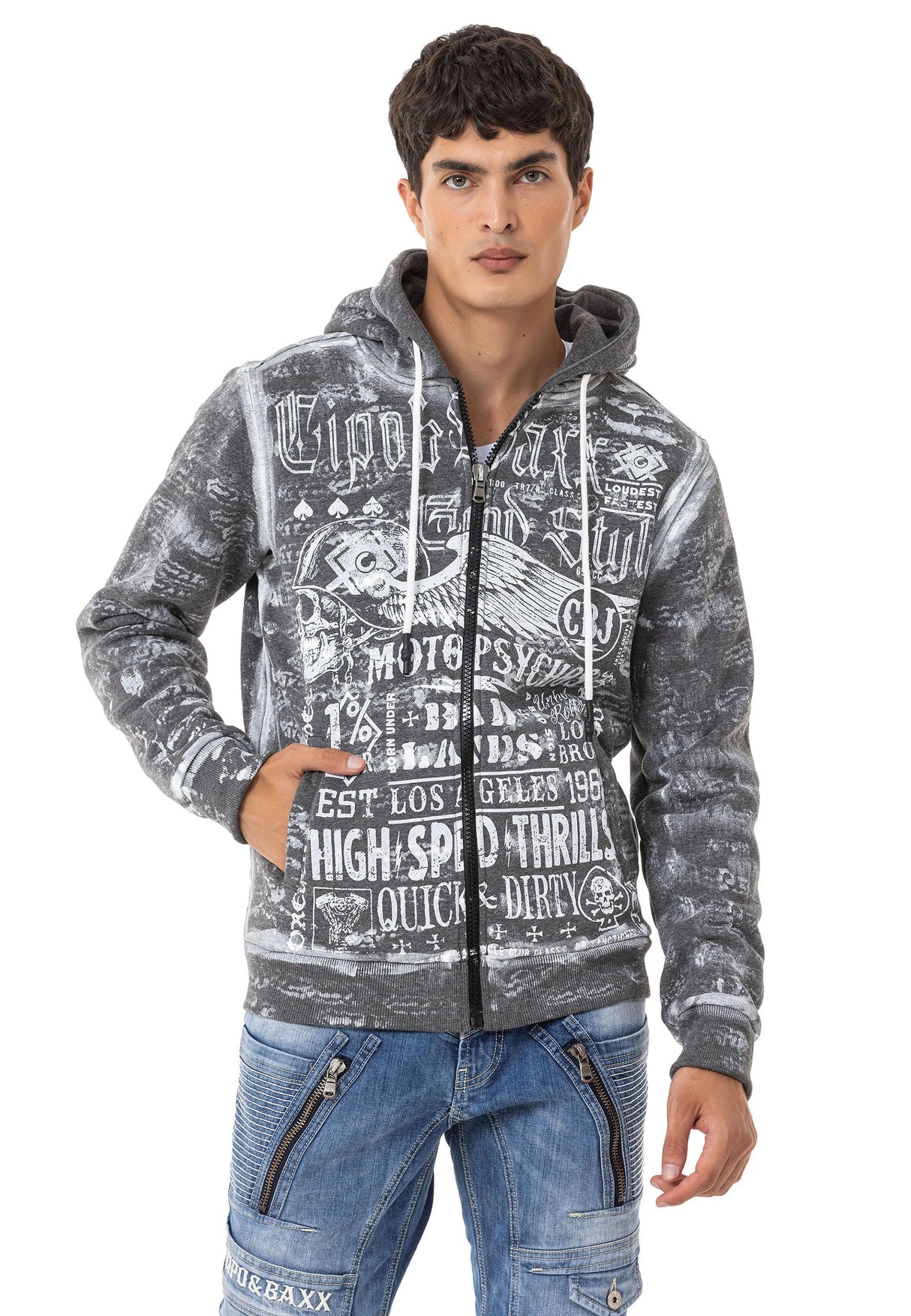 CL544 Motorcu Tarzda Baskılı Erkek Zip Sweatshirt