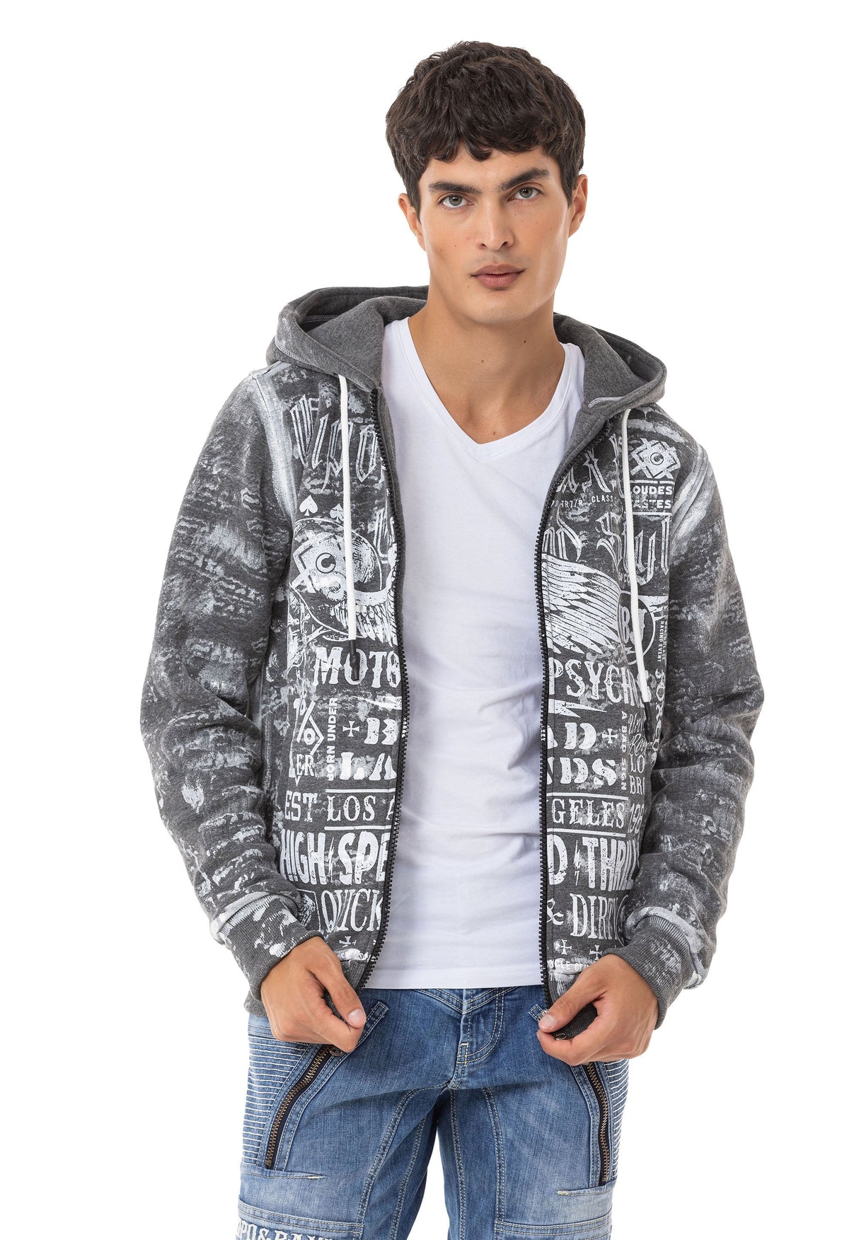 CL544 Motorcu Tarzda Baskılı Erkek Zip Sweatshirt
