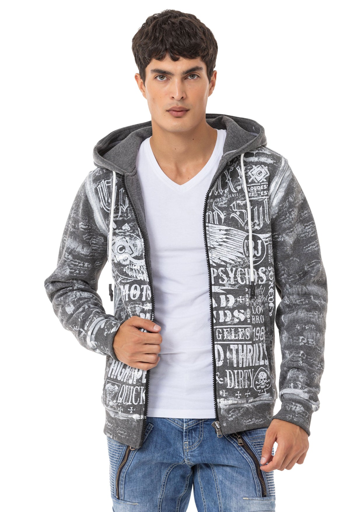 CL544 Motorcu Tarzda Baskılı Erkek Zip Sweatshirt