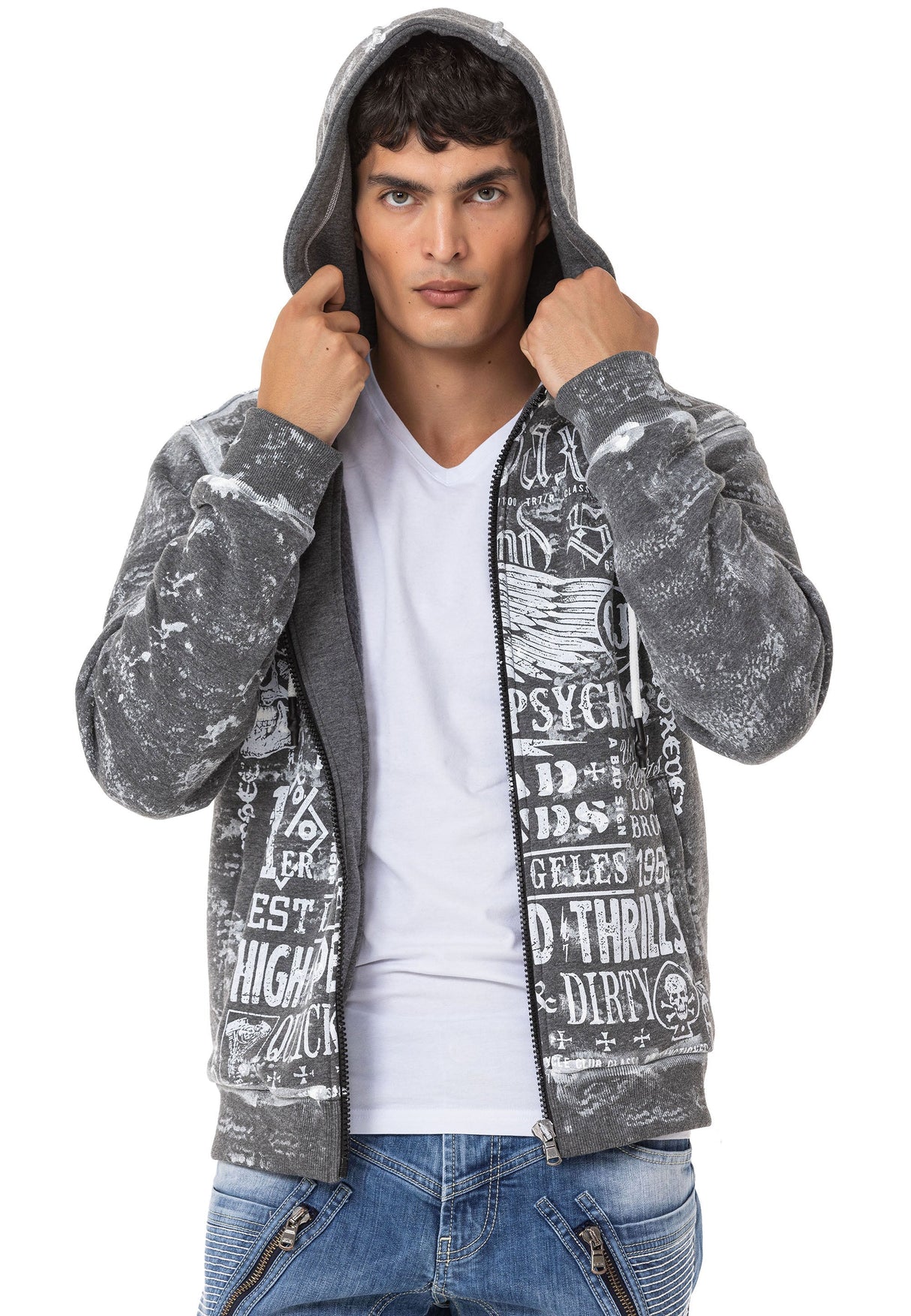 CL544 Motorcu Tarzda Baskılı Erkek Zip Sweatshirt