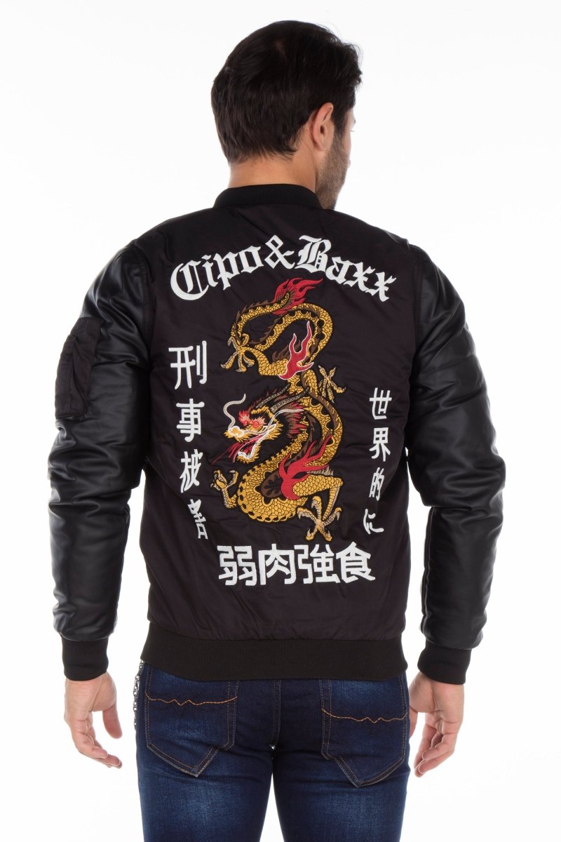 CJ175 Ejderha Motifli Deri Kollu Erkek Mont