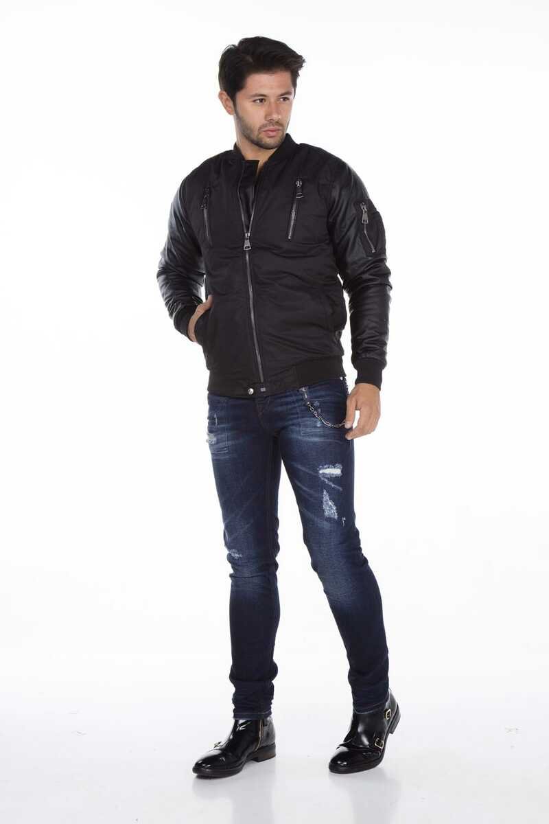 CJ175 Ejderha Motifli Deri Kollu Erkek Mont