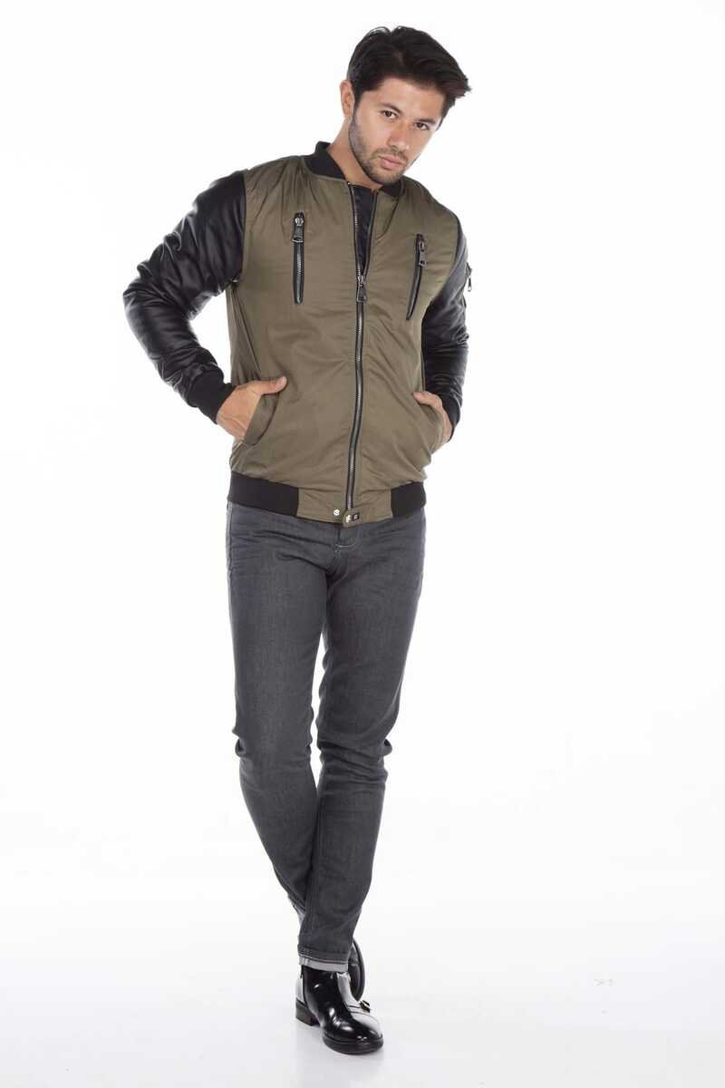 CJ175 Ejderha Motifli Deri Kollu Erkek Mont