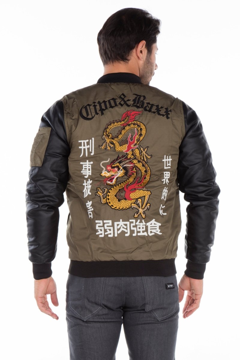 CJ175 Ejderha Motifli Deri Kollu Erkek Mont