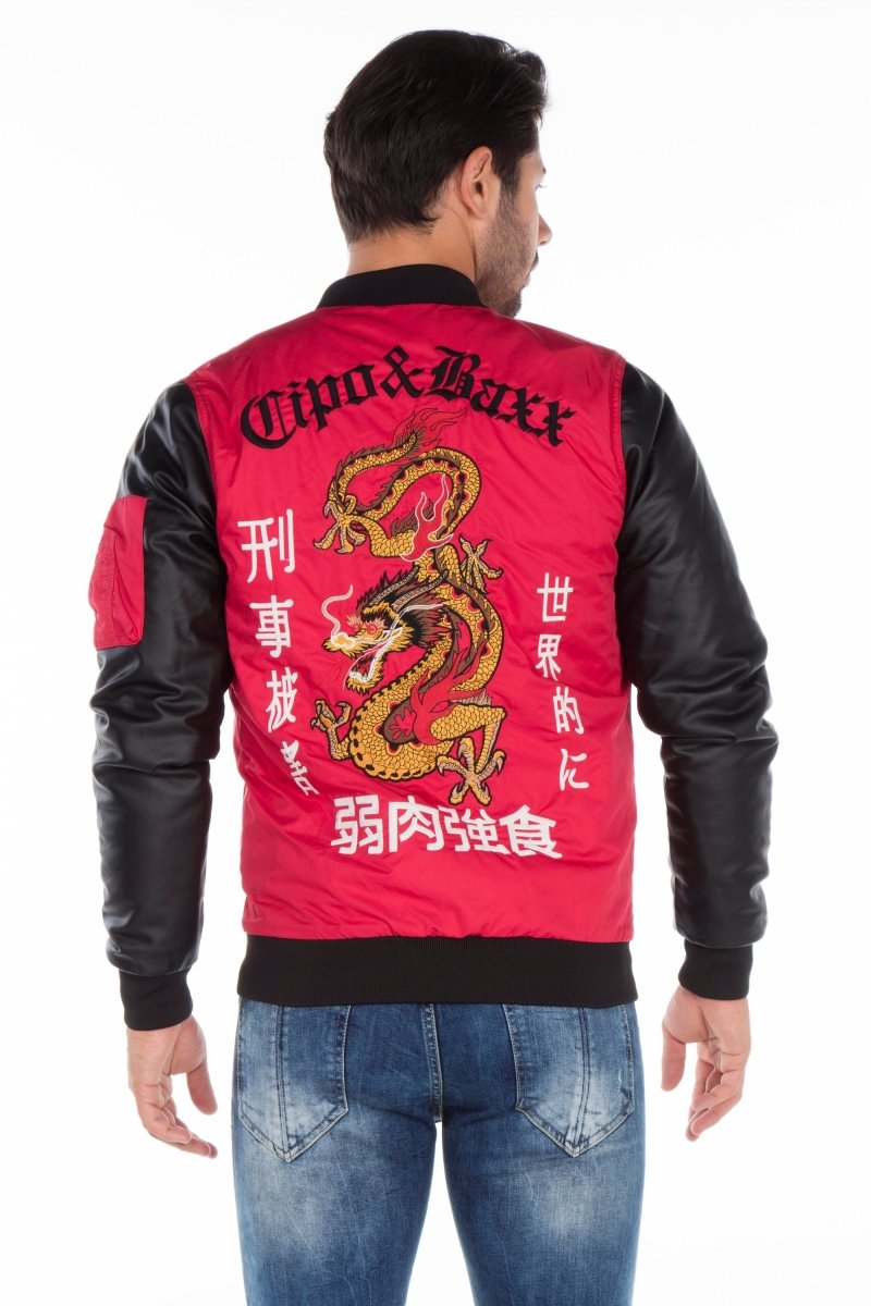 CJ175 Ejderha Motifli Deri Kollu Erkek Mont