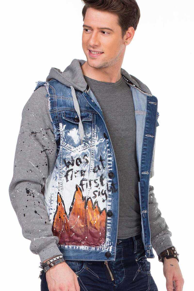 CJ209 Boyamalı Alev Baskılı Erkek Denim Ceket