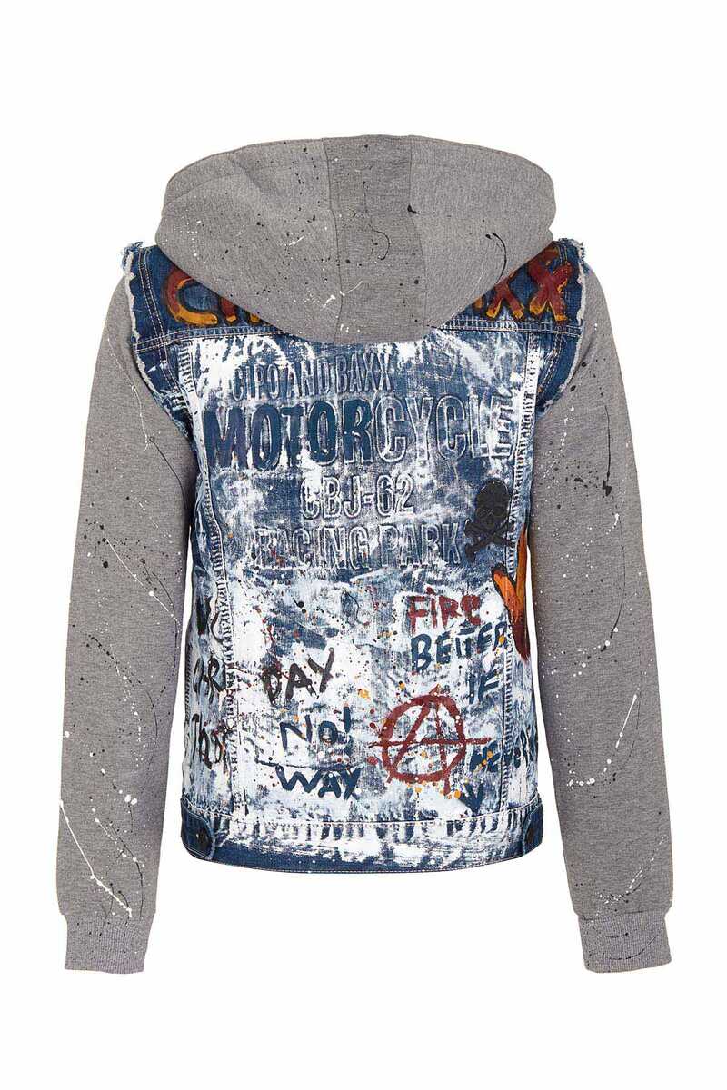 CJ209 Boyamalı Alev Baskılı Erkek Denim Ceket