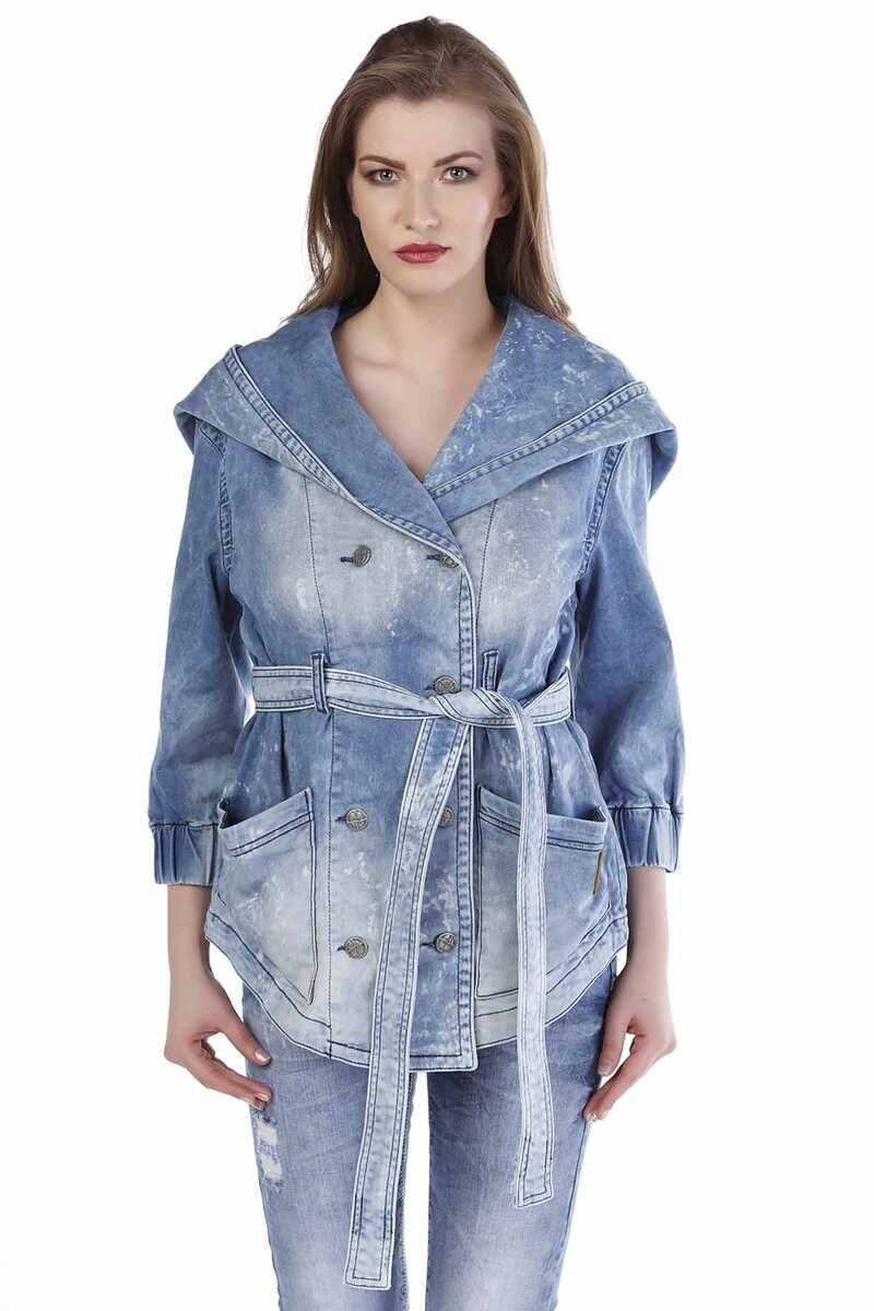 WJ117 Kapşonlu Salaş Yıpranmış Kadın Kot Mont