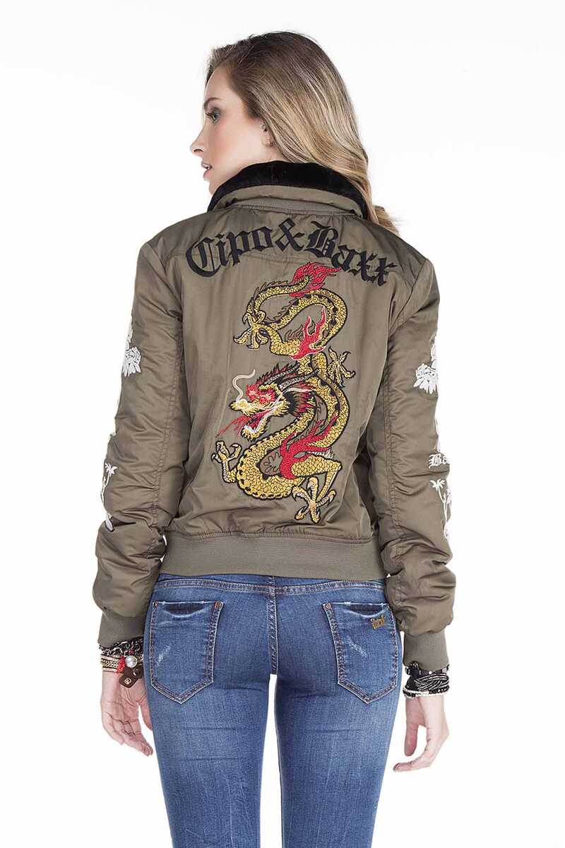 WJ137 Ejderha Kuru Kafa İşlemeli Kürk Yaka Kadın Mont