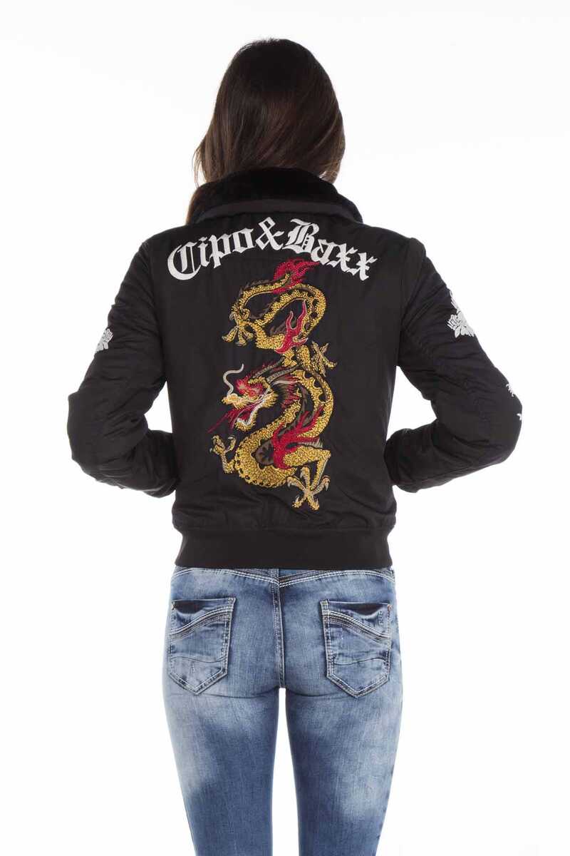 WJ137 Ejderha Kuru Kafa İşlemeli Kürk Yaka Kadın Mont