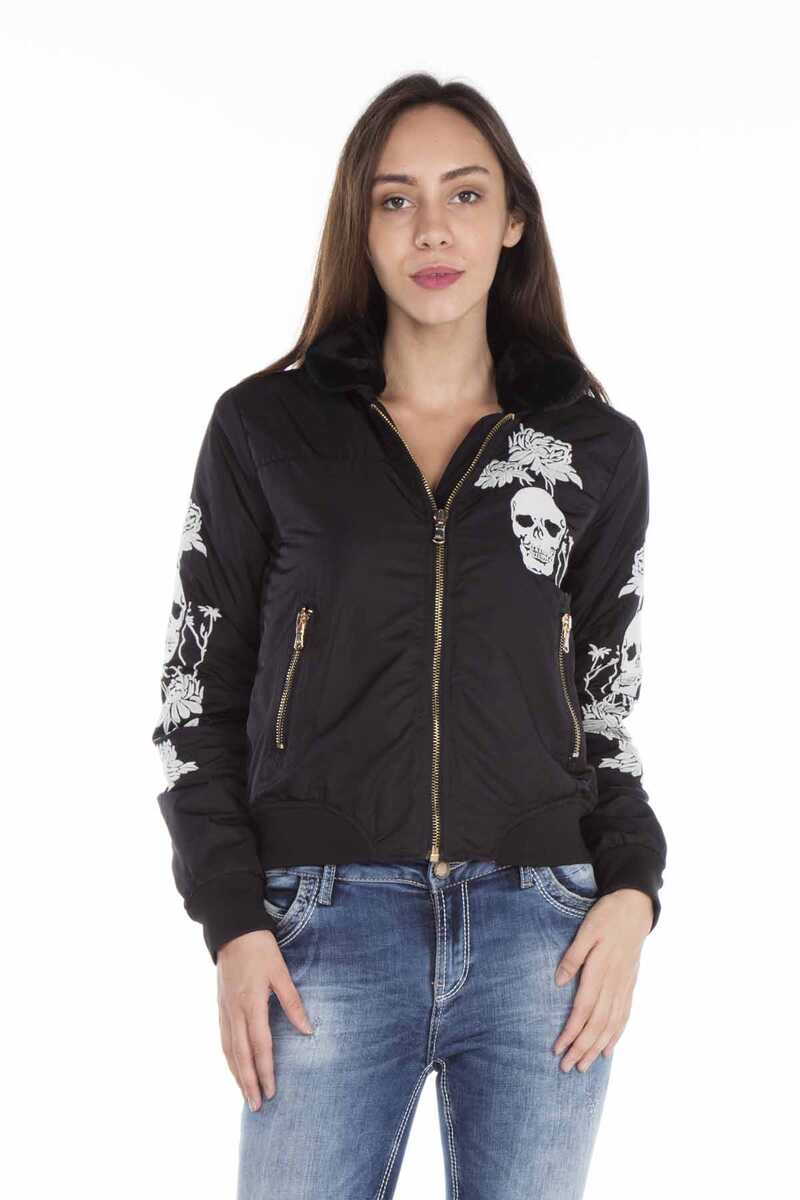 WJ137 Ejderha Kuru Kafa İşlemeli Kürk Yaka Kadın Mont