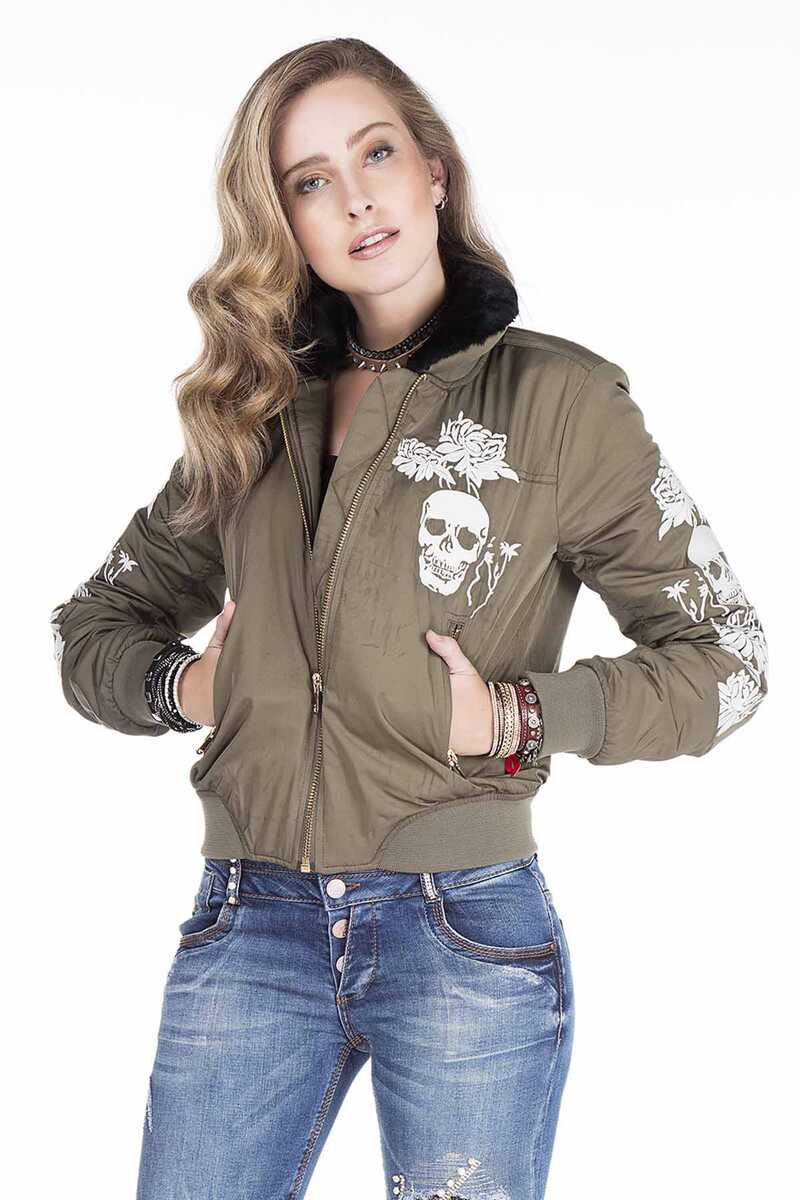 WJ137 Ejderha Kuru Kafa İşlemeli Kürk Yaka Kadın Mont