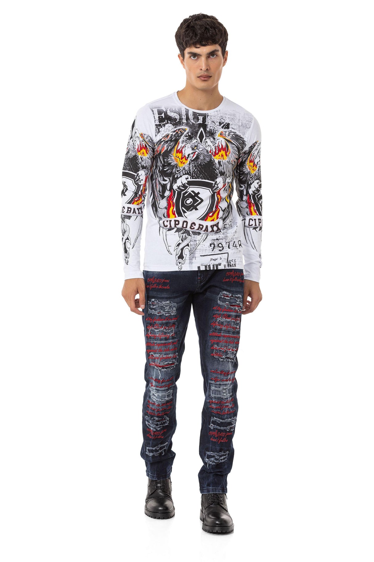 CD694 Yırtık Detaylara Sahip Yazı İşlemeli Erkek Jean Pantolon