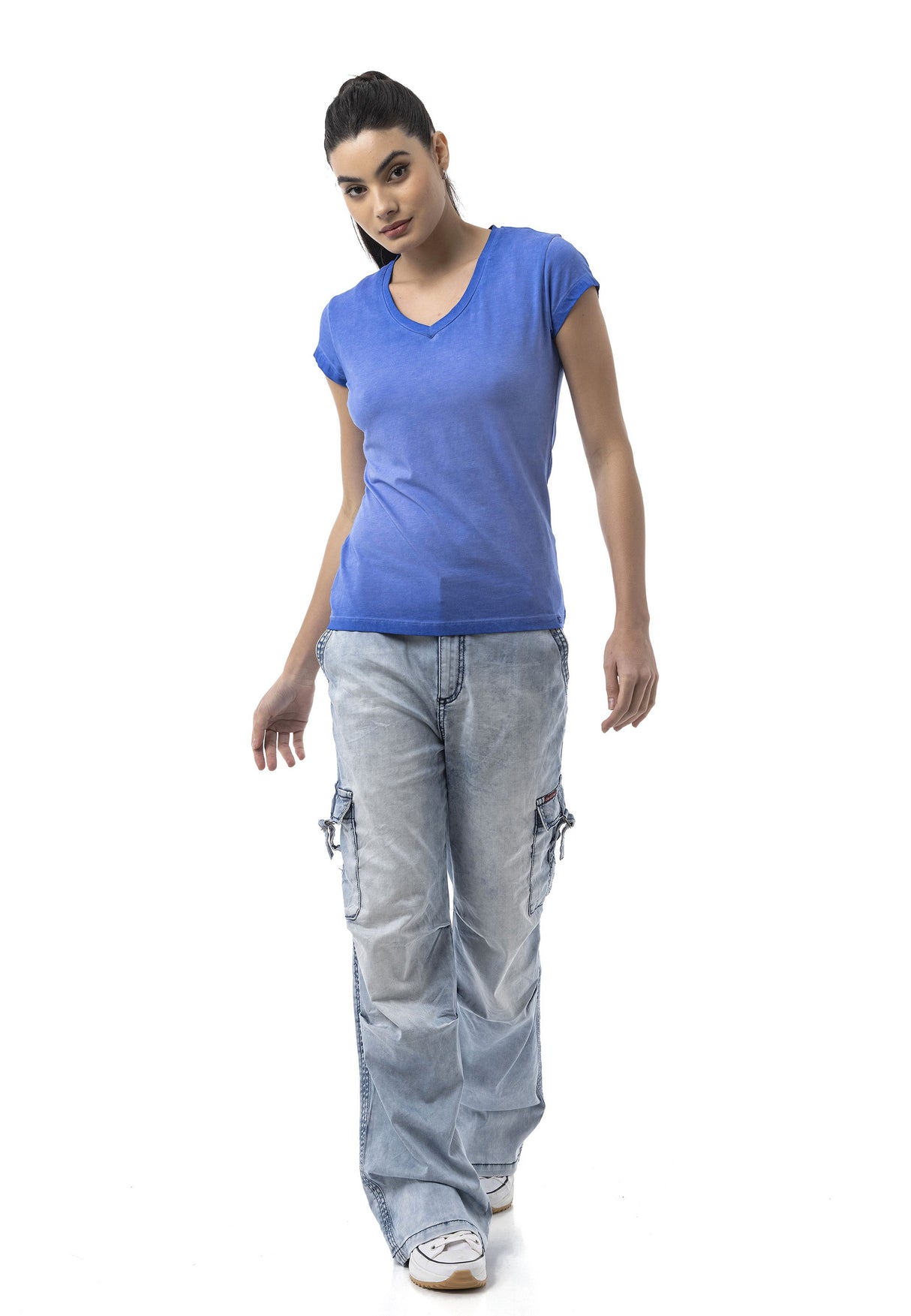 WD544 Kadın Bol Paça Kot Pantolon – Kargo Cepli Buz Mavisi Rahat Kesim Pantolon