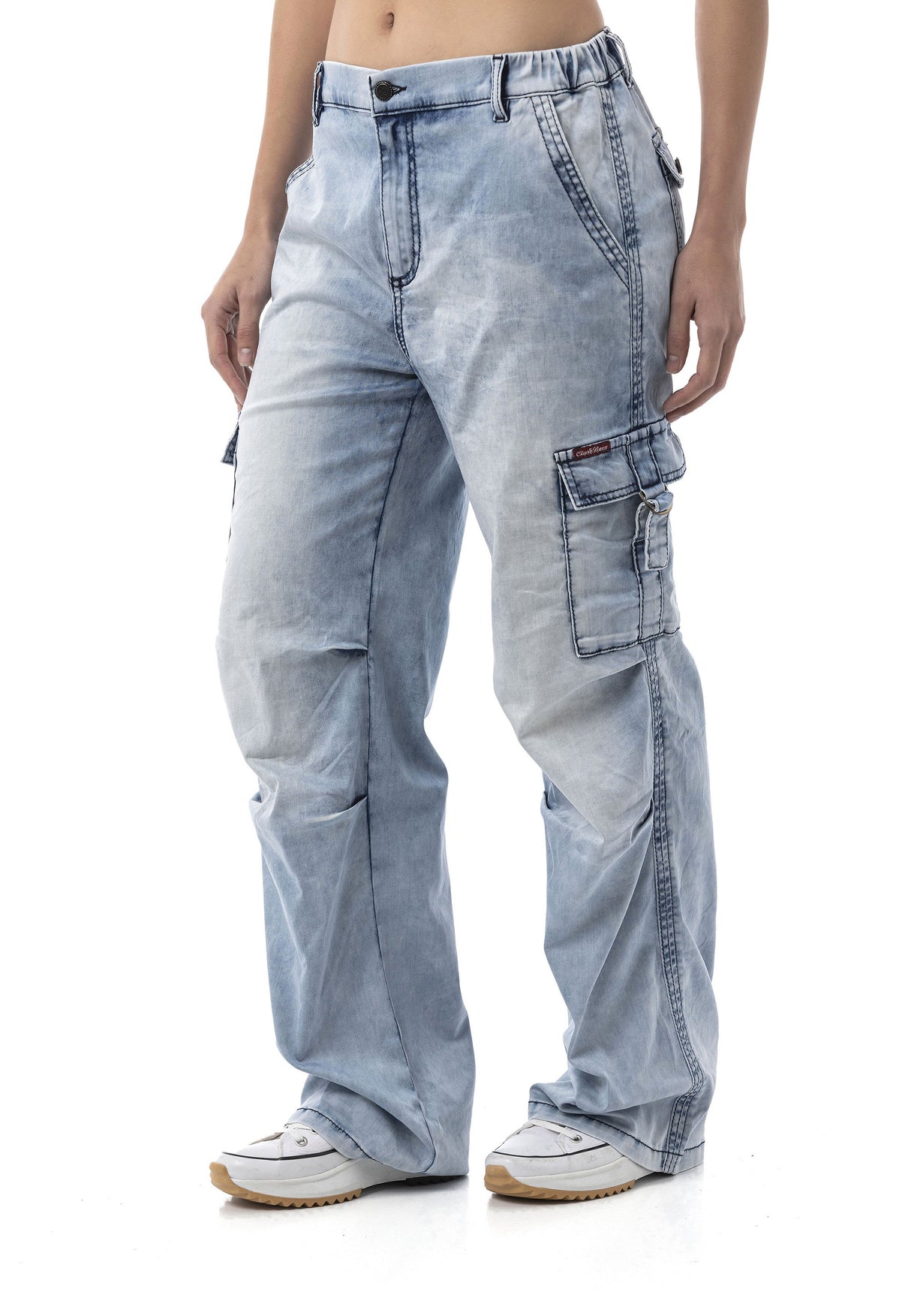 WD544 Kadın Bol Paça Kot Pantolon – Kargo Cepli Buz Mavisi Rahat Kesim Pantolon