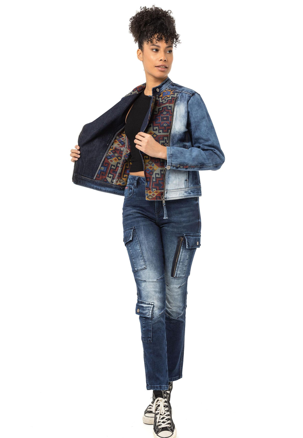 WJ228 Etnik Desen Detaylı Kadın Kot Ceket