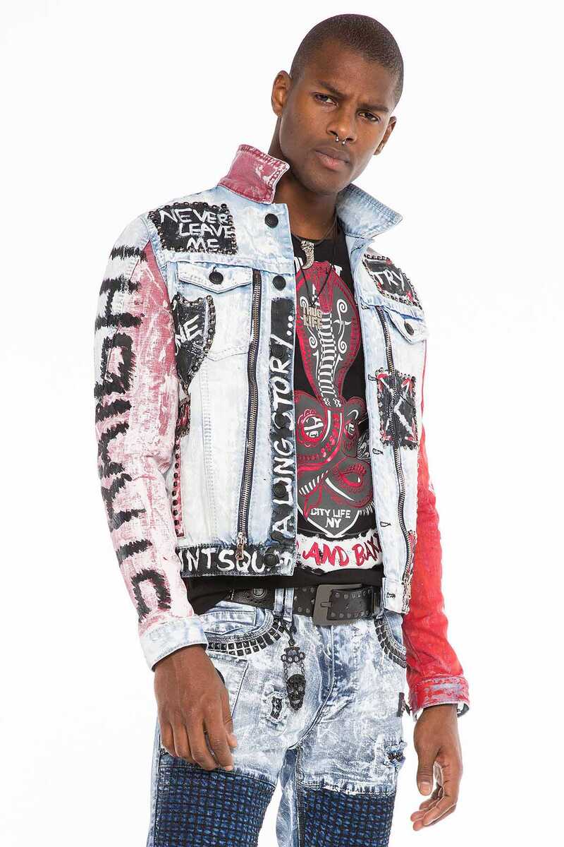 CJ241 El Yazısı Boyama Fermuar Kot Erkek Jean Ceket