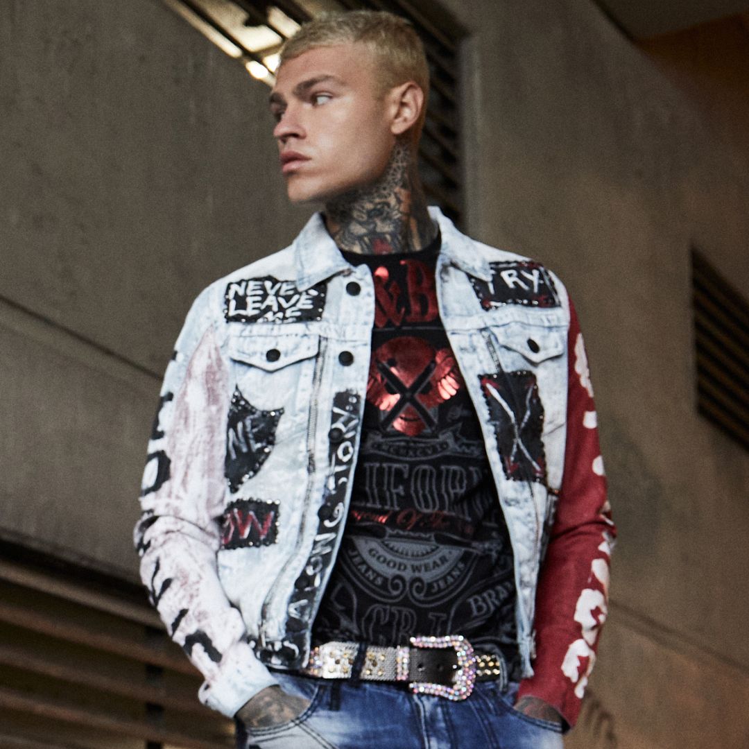 CJ241 El Yazısı Boyama Fermuar Kot Erkek Jean Ceket