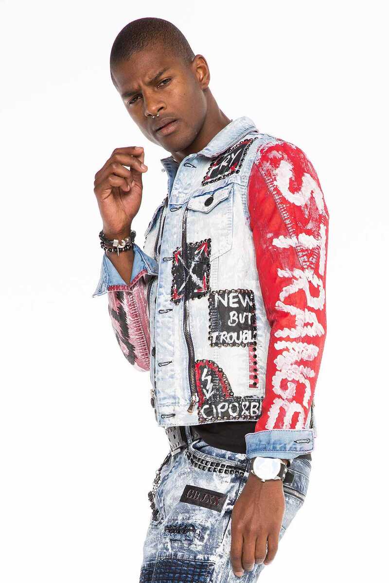 CJ241 El Yazısı Boyama Fermuar Kot Erkek Jean Ceket