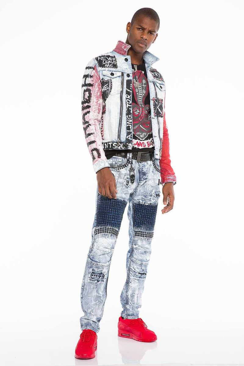 CJ241 El Yazısı Boyama Fermuar Kot Erkek Jean Ceket