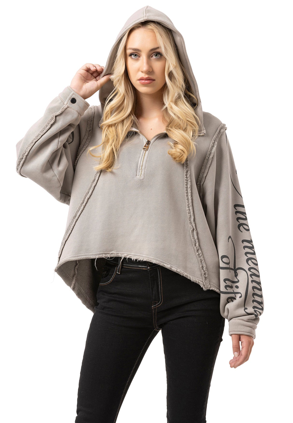 Kadın Crop Oversize Yarım Fermuarlı Pamuklu Sweatshirt WL380