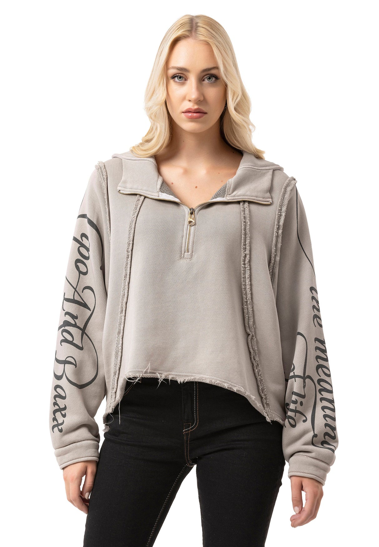 Kadın Crop Oversize Yarım Fermuarlı Pamuklu Sweatshirt WL380