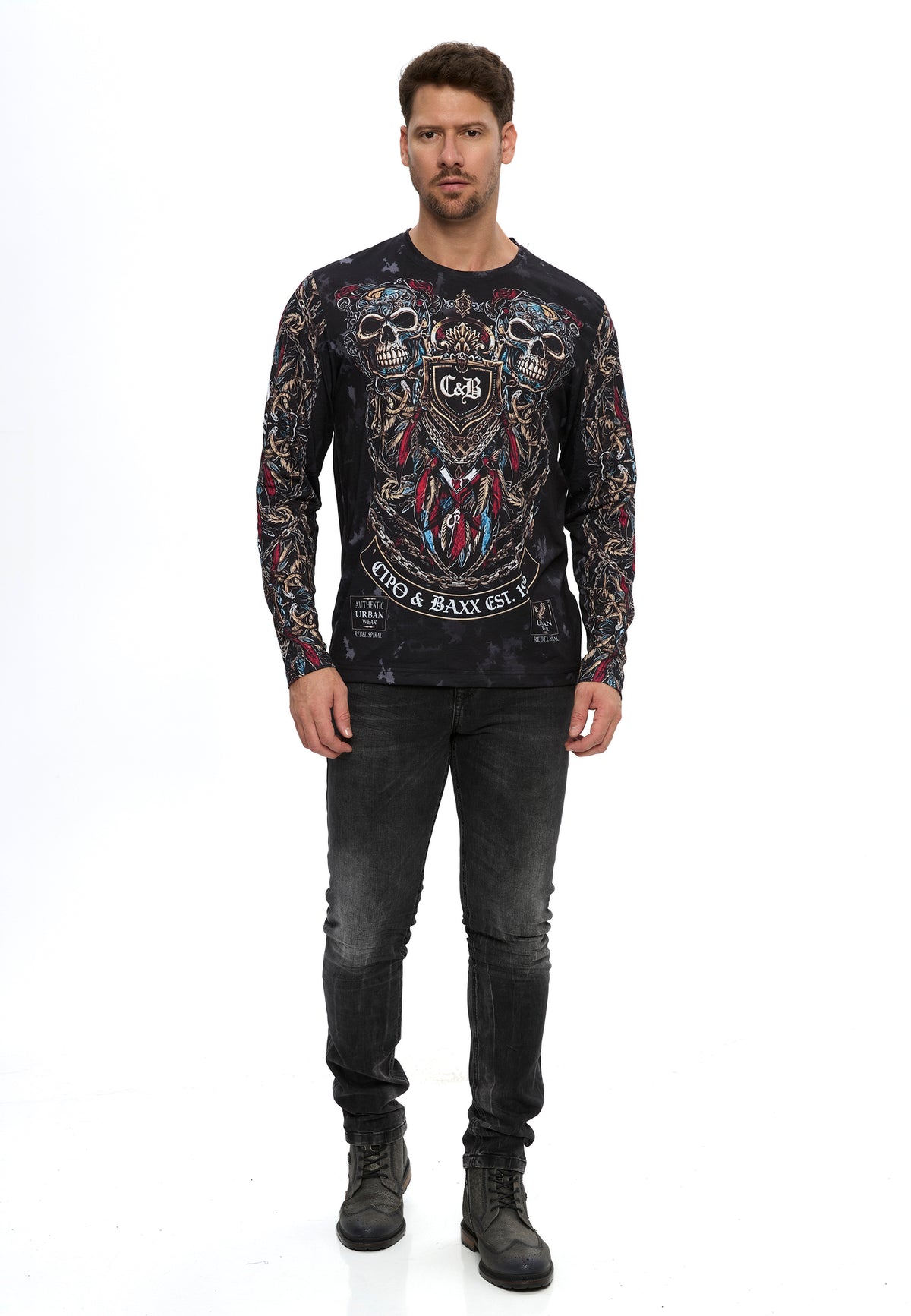 Erkek Kuru Kafa Baskılı Bisiklet Yaka Uzun Kollu Sweatshirt CL616