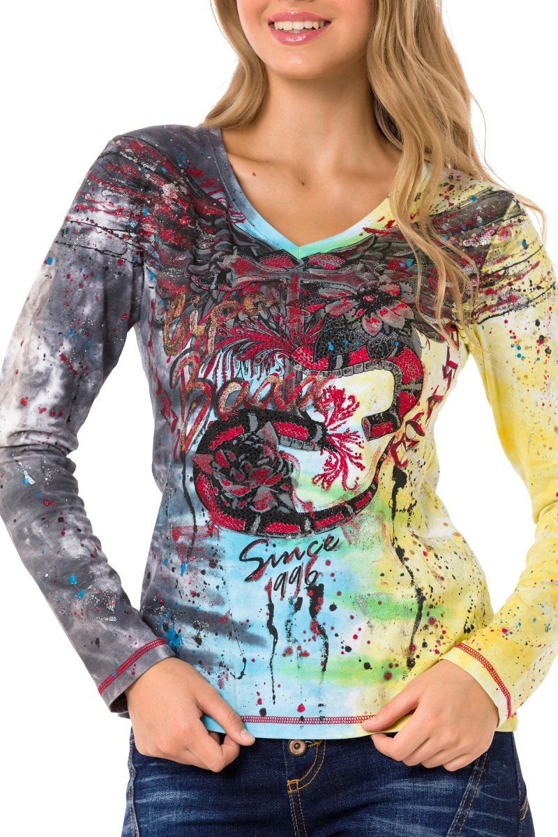 WL339 Taşlı V Yaka Desenli İnce Sweatshirt